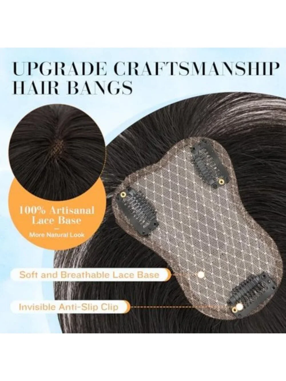 Lightweight Clip-In Human Hair Bangs for Women, 3D Invisible Full Cover Toppers